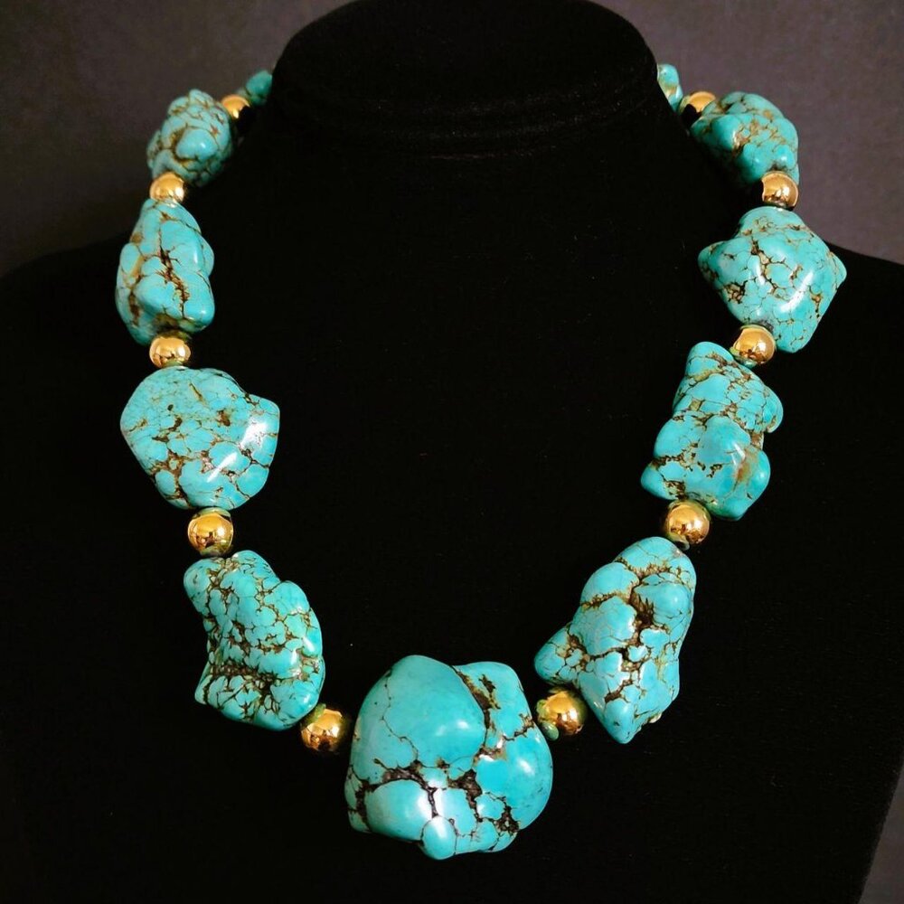 VINTAGE Kenneth Jay Lane Turquoise Nugget Statement Necklace Signed 17"-21" - Picture 5 of 8